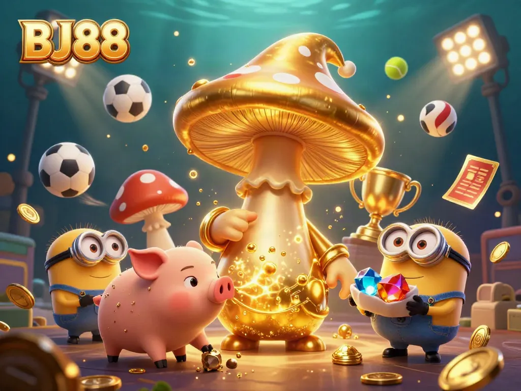 Engage with BJ88 in a vibrant 3D illustration showcasing an enchanting casino scene filled with magical characters.