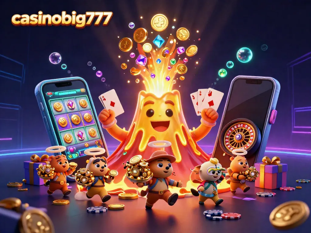 Experience the thrill of casinobig777 with a golden volcano erupting coins and gems.