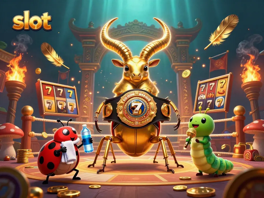 Experience thrilling slot action with a giant stag beetle in a boxing match, dazzling with colorful casino elements.