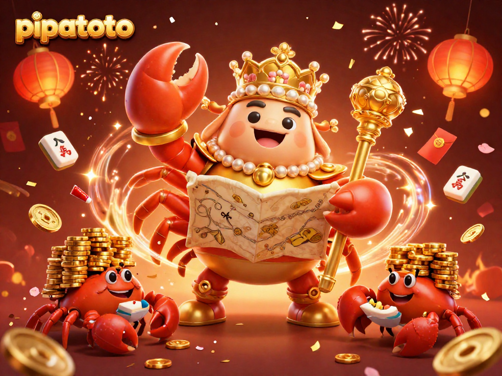 Pipatoto showcases a 3D golden crab emperor and hermit crabs amidst colorful gambling elements.