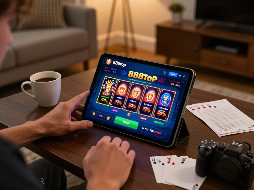 Player exploring 888top app for online casino games in a cozy setting