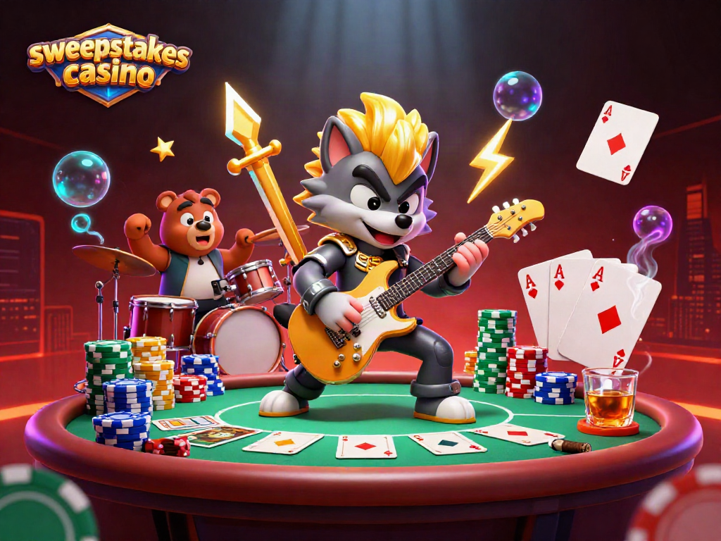 Engaging scene from a sweepstakes casino showcasing a rock star wolf and drummer bear with vibrant gaming elements.