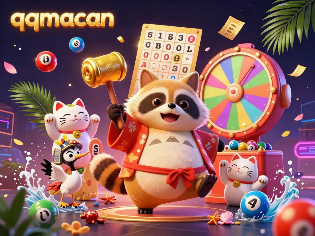 Spin to win with qqmacan's vibrant illustration of luck and joy featuring playful characters and dynamic lottery elements.