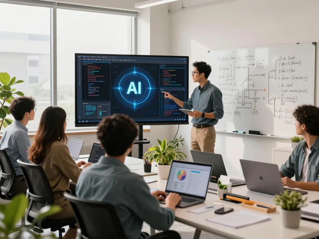Engaging AI development scene showcasing innovative teamwork and technology with ia +18 themes.