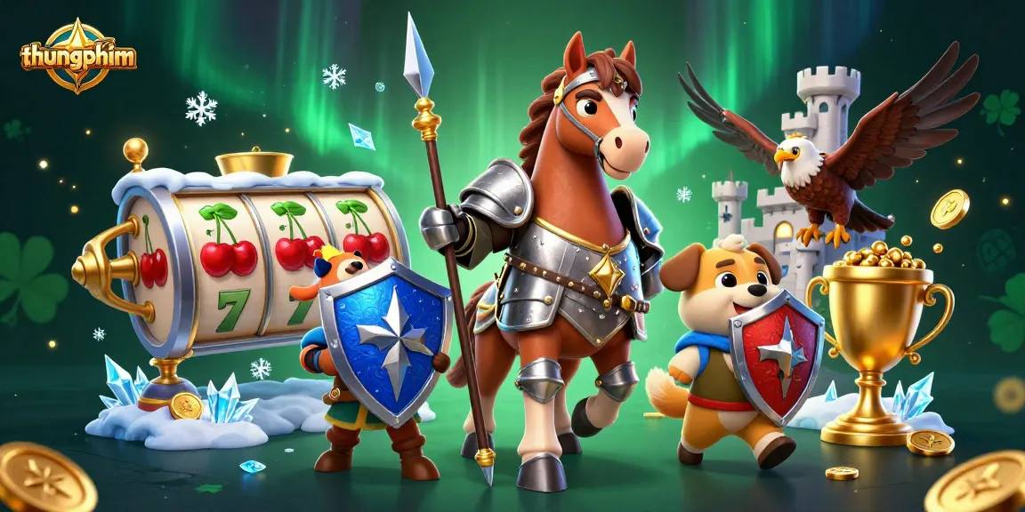 Experience thungphim excitement with a knight, puppy, and falcon amidst dynamic slot reels and coins.