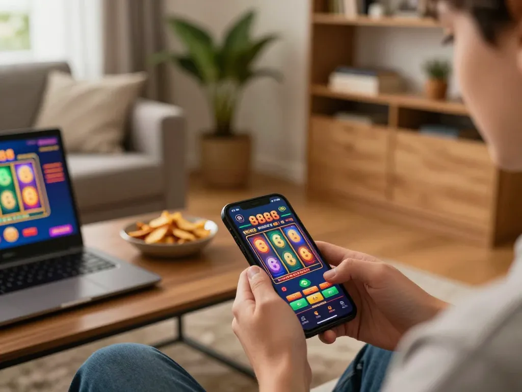 Engaging with slot888 gameplay on a smartphone in a cozy home setting with vibrant graphics