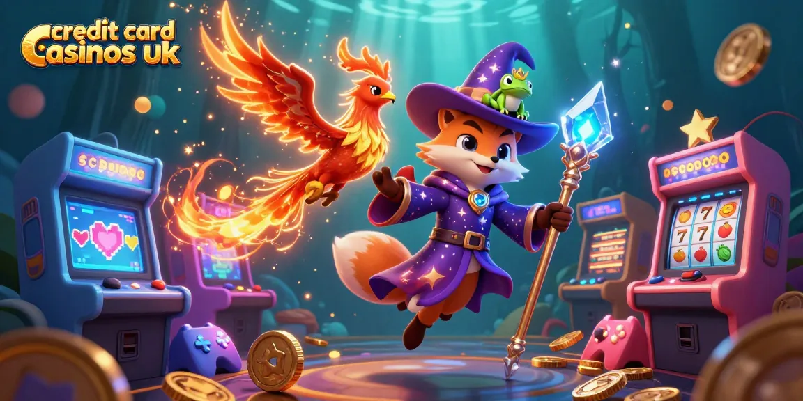Engage with credit card casinos uk in a lively 3D scene featuring a wizard fox and phoenix surrounded by vibrant gaming elements.