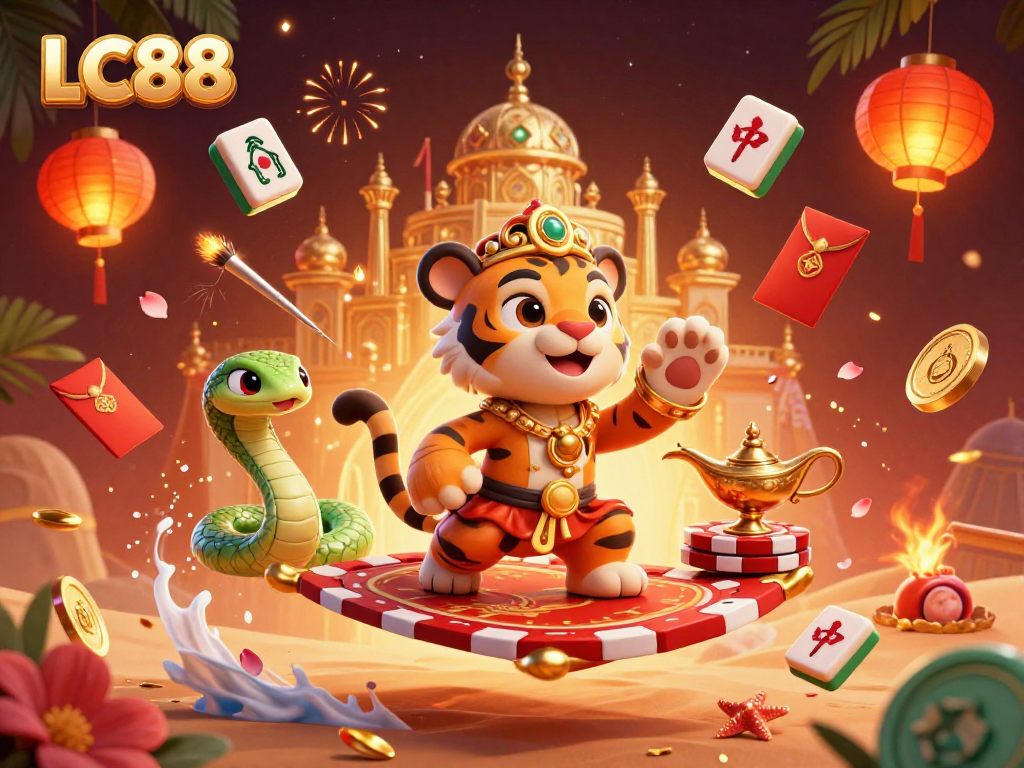 Engage in thrilling gaming adventures at LC88 with vibrant visuals of casino elements and a fantasy setting.