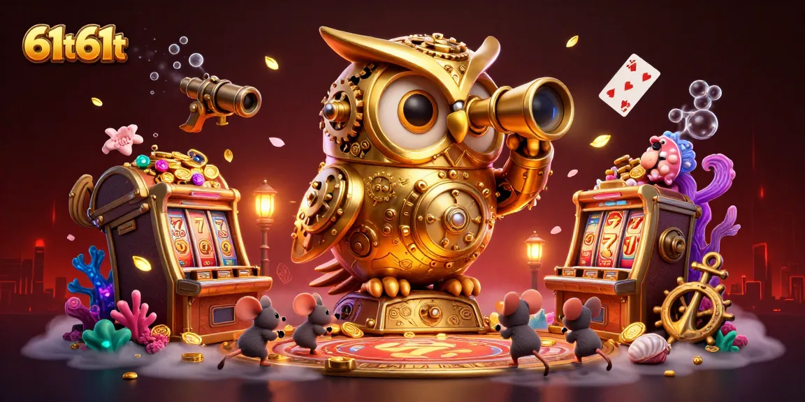 Engage in thrilling casino adventures with 61t61t's vibrant owl scene filled with slots and gems.