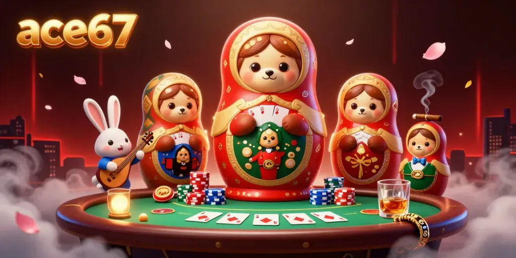 Ace67's vibrant casino scene features a Matryoshka bear and dealers at a poker table.