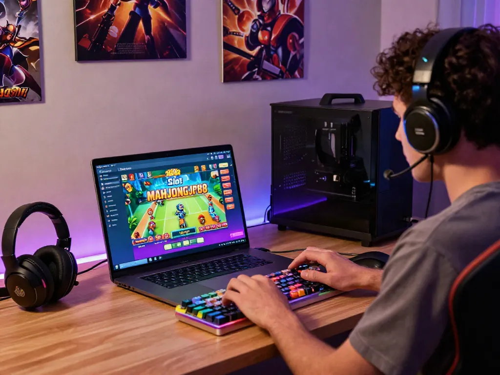 Engaged gamer enjoying Slot MAHJONGJP88 on laptop in a vibrant gaming setup.