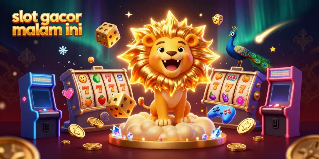 Visualisasi slot gacor malam ini menampilkan kartun singa dan elemen kasino dalam suasana meriah.