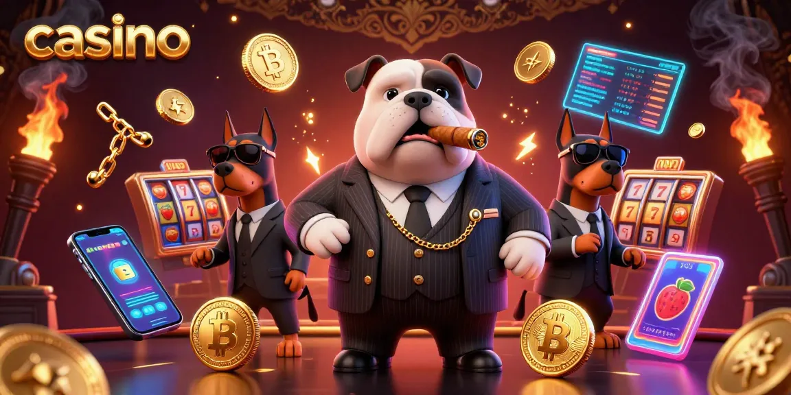 Engage in a thrilling casino scene featuring a mafia boss bulldog and crypto elements.