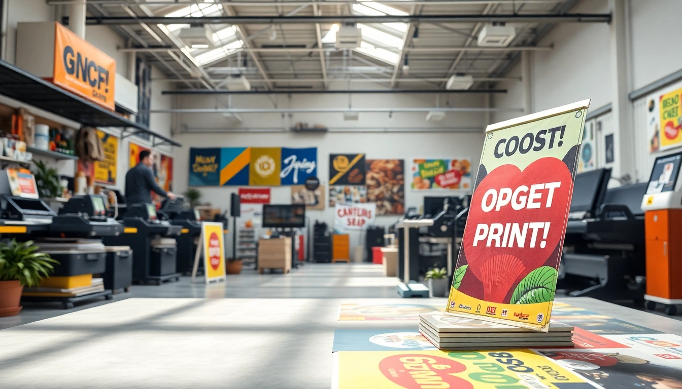 Showcasing budget printing edmonton with vibrant banners and signage in a busy workshop environment.