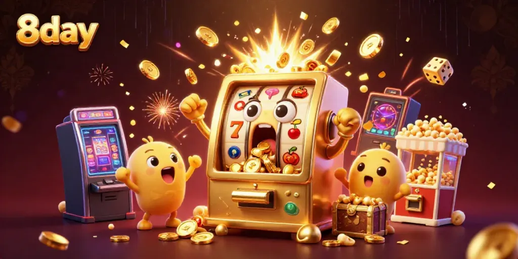 Cheerful 8day slots celebrate a jackpot win, overflowing coins and casino symbols around.