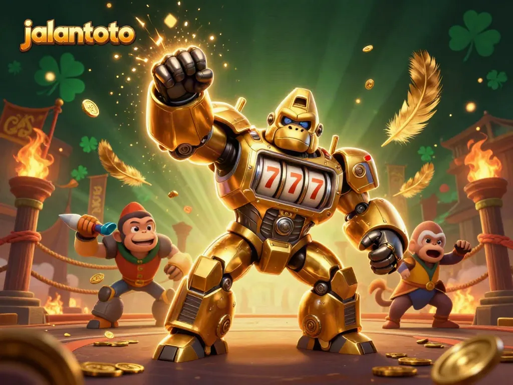 Jalantoto menyajikan ilustrasi 3D mecha gorila emas yang menghancurkan mesin slot dengan koin berhamburan.