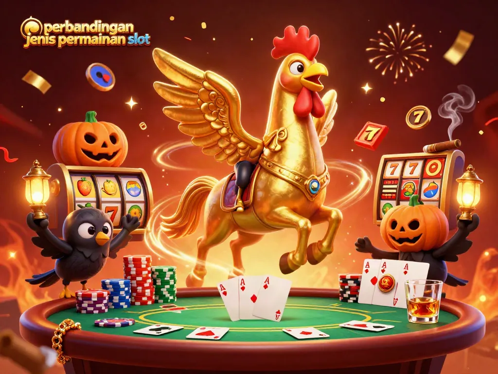Perbandingan jenis permainan slot menampilkan slot reels dan simbol buah di casino malam hari.
