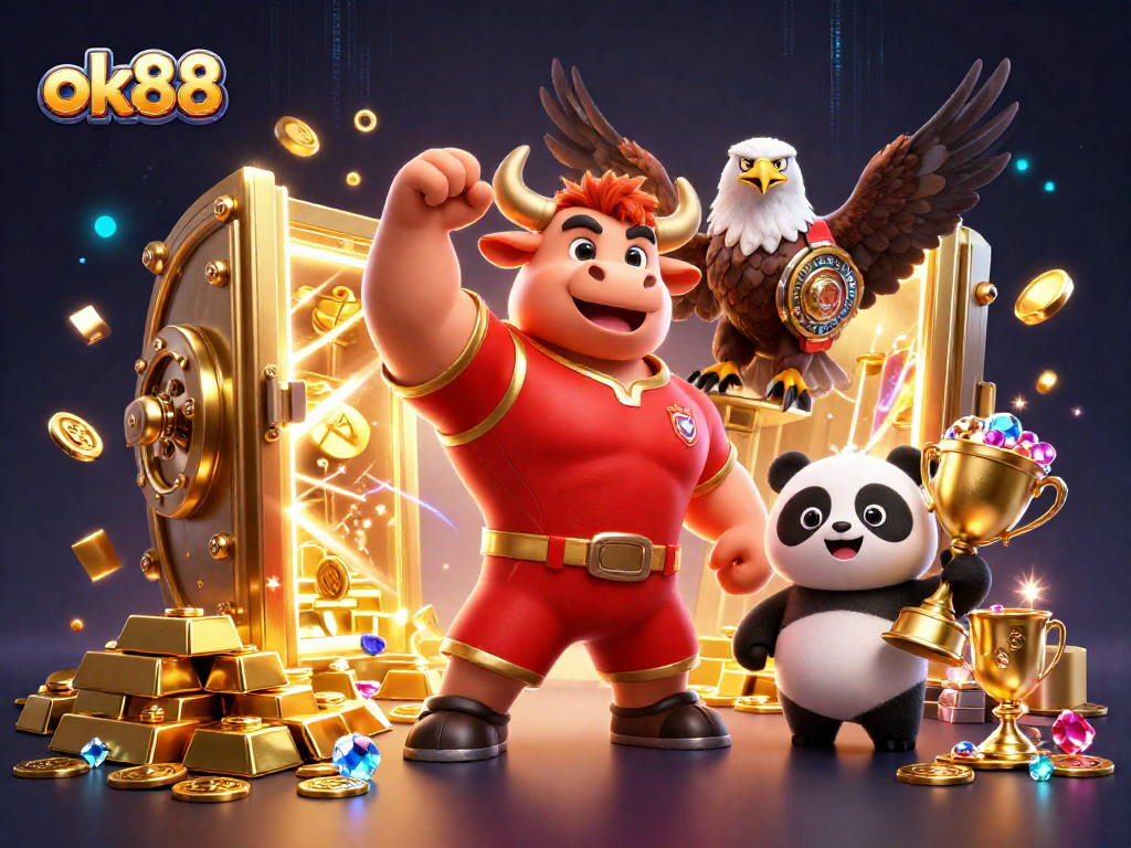 Win big with ok88 as the cheerful panda holds a trophy amidst gold treasures and bold characters.