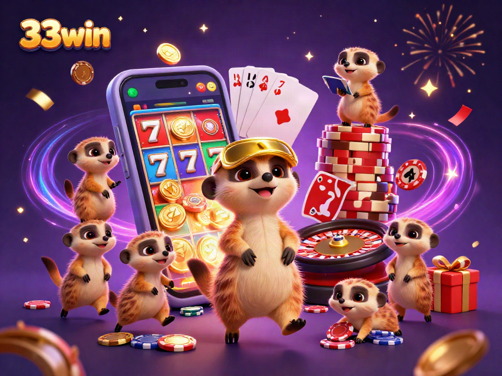 Engage with 33win's festive casino scene featuring meerkats playing games and winning chips.