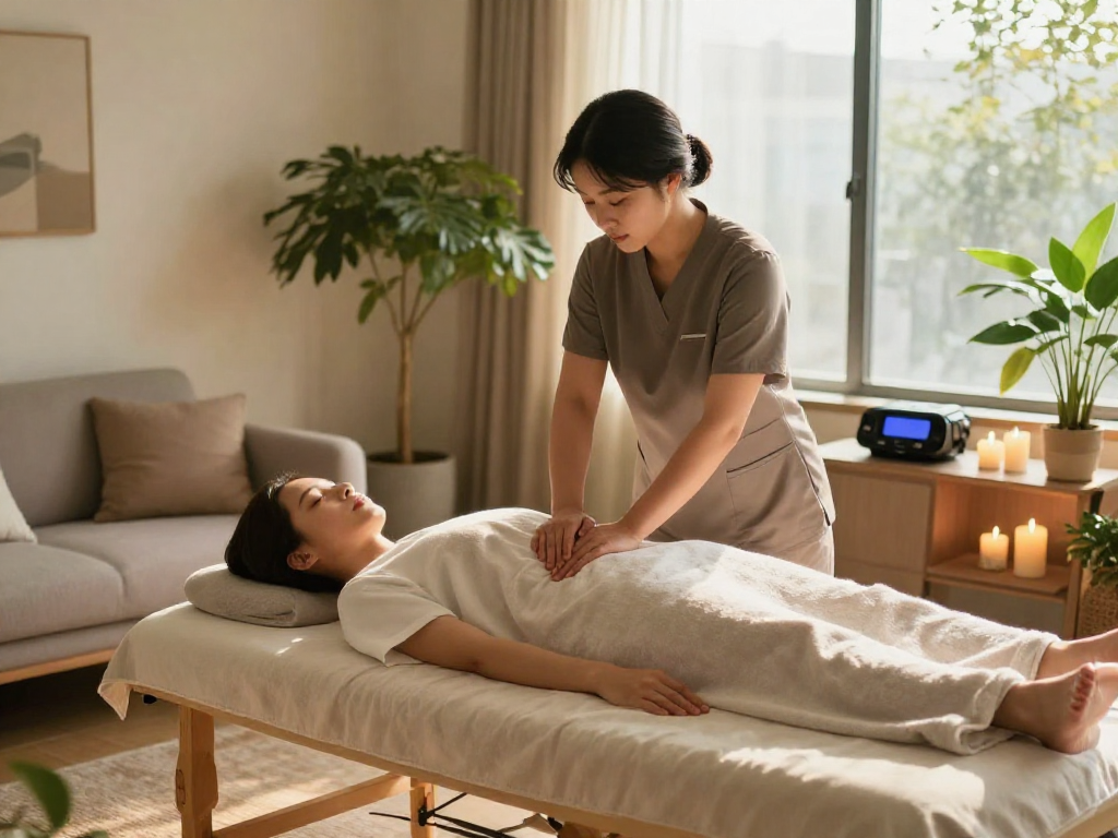서울출장안마 service being provided in a cozy home setting, showcasing relaxation and professionalism.