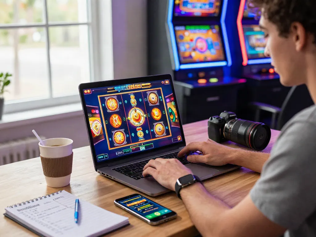 Engaged player enjoying online slot games on a laptop with vibrant graphics and cozy home office setting.