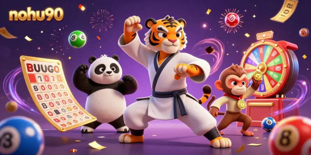 Engage with slots at nohu90 with playful characters amidst vibrant gaming elements and a celebration atmosphere.