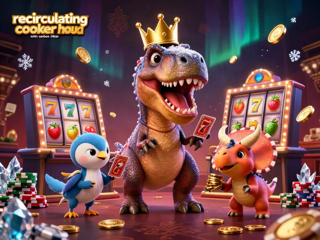 Win with a recirculating cooker hood with carbon filter while spinning the slots and stacking chips in a vibrant casino scene.