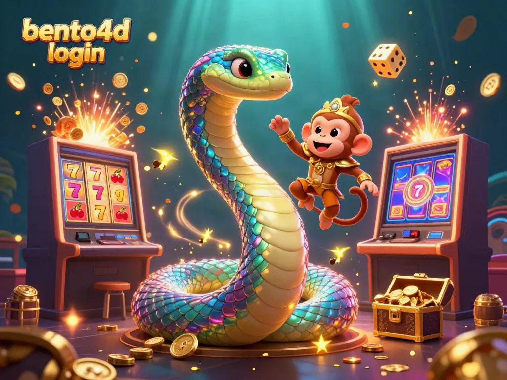 Bento4d login screen with an exciting casino scene featuring a rainbow serpent and jackpot symbols.