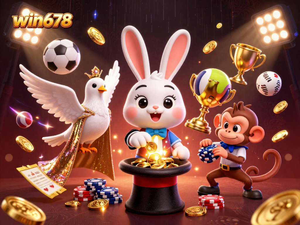 Win678 showcases a vibrant scene of a magician rabbit with coins, a dove, and a monkey in a lively casino setting.
