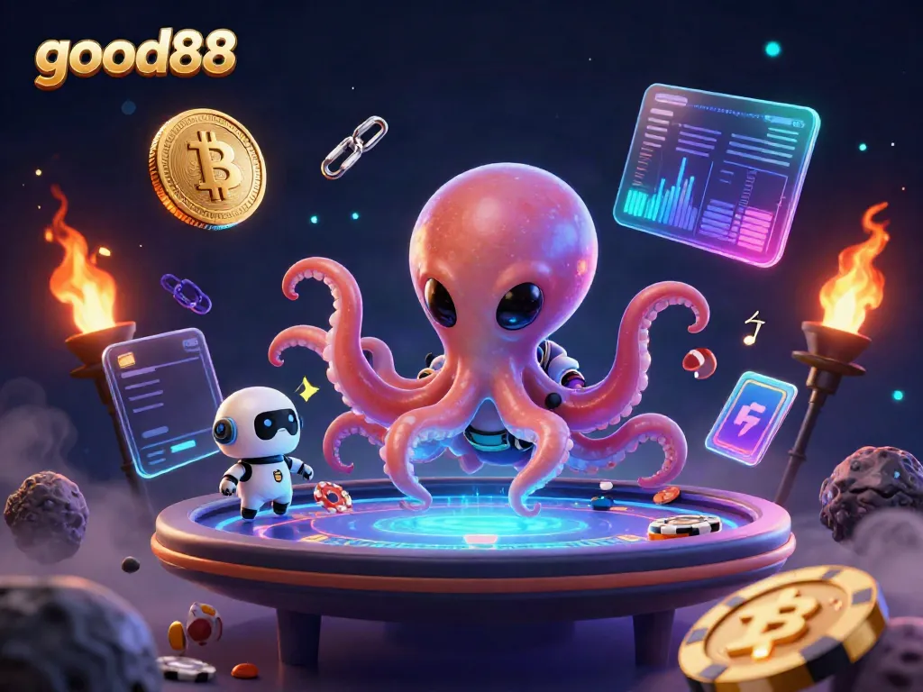 Experience the thrill of good88 casino gaming with an alien octopus and vibrant crypto elements.