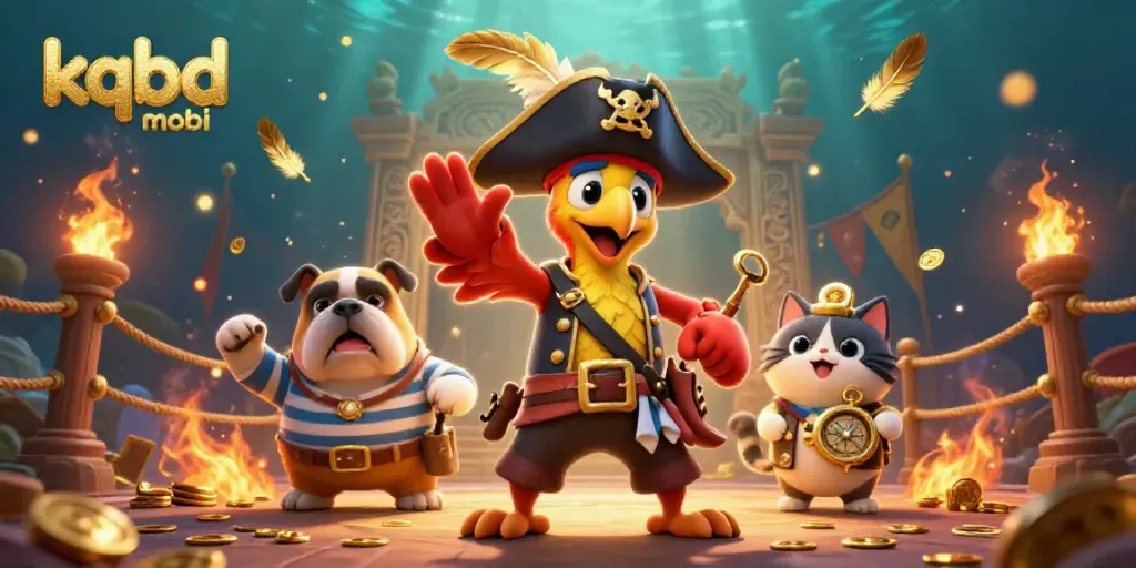 Engage with the vibrant, action-packed kqbd mobi scene, featuring a pirate captain and companions in a thrilling gambling atmosphere.