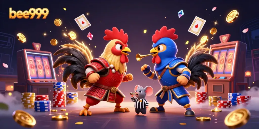 Experience thrilling action with bee999's vibrant fighting roosters in a dynamic casino showdown.