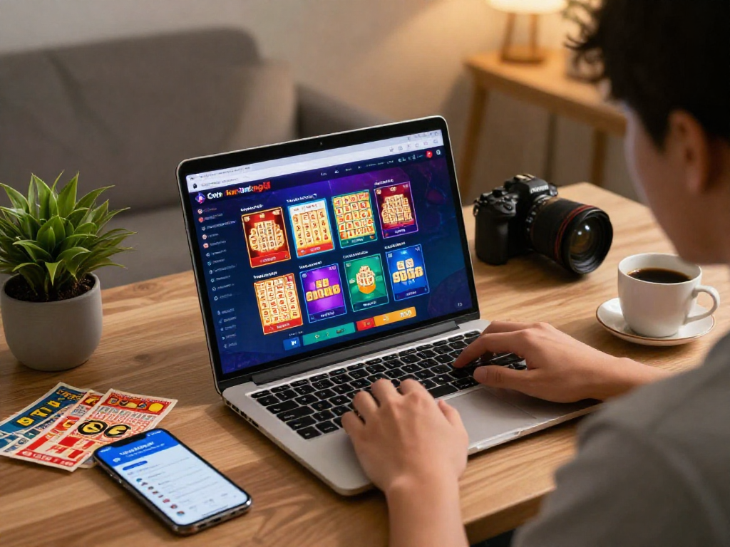 Dewatogel online platform engaging user in cozy home office with vibrant lottery display.