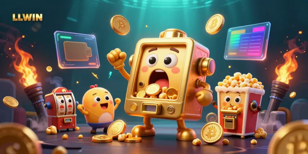 LLWIN’s golden slot machine celebrates a jackpot, surrounded by vibrant coins and festive elements.