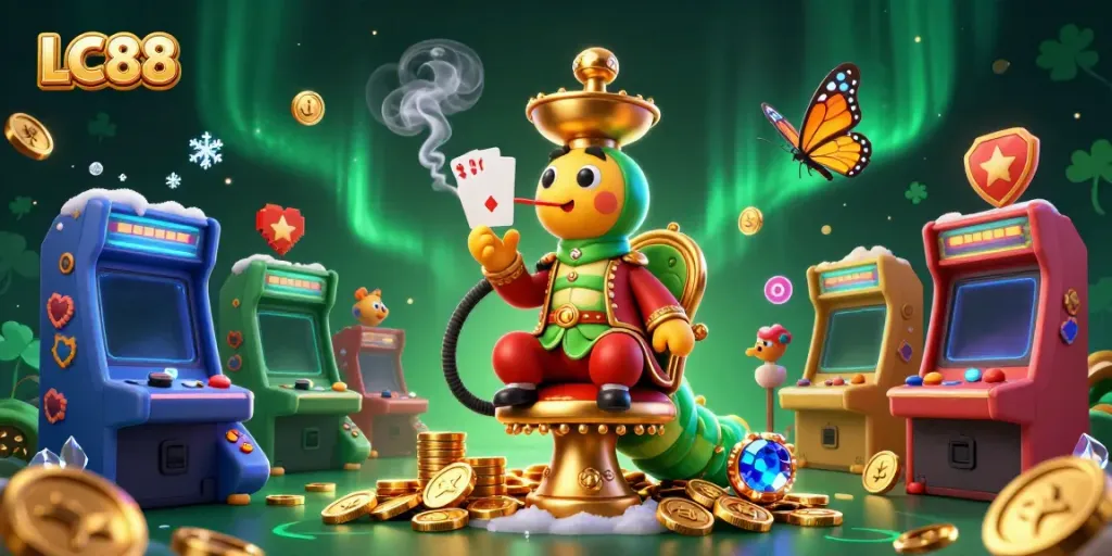 Experience the thrill of LC88 with a vibrant casino illustration featuring a hookah-master, game machines, and playful smoke rings.