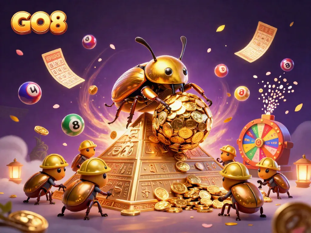 Experience the excitement of GO8 with colorful lottery and casino elements surrounding golden beetles.