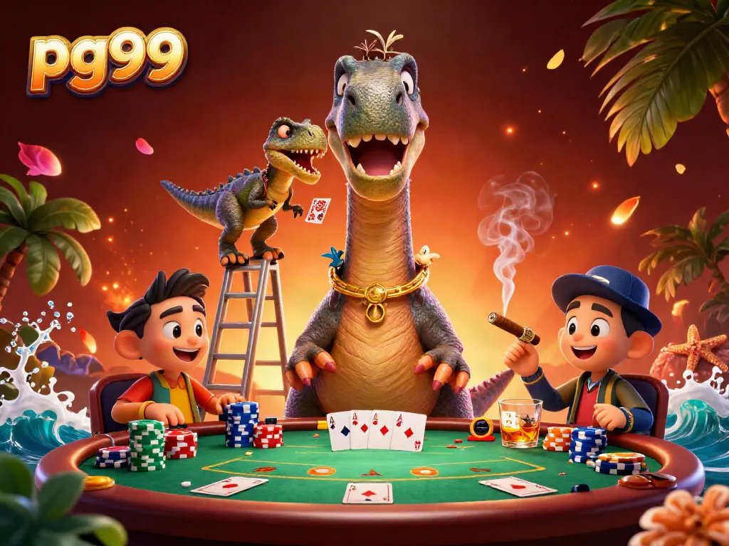 Experience pg99's unique casino atmosphere with a giant dinosaur and vibrant poker scene.