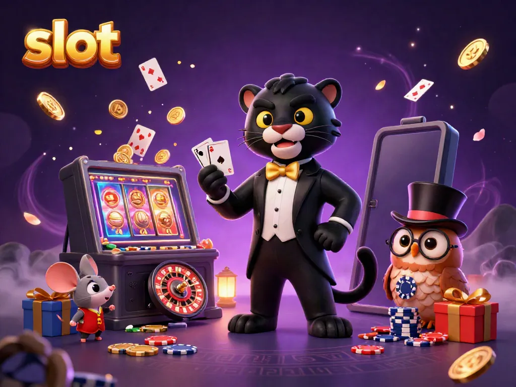 Engage with vibrant slot characters as a black panther deals cards amidst a colorful slot game.