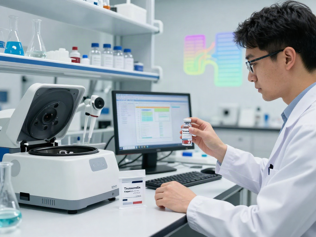 Scientist analyzing Tesamorelin peptide in a modern research laboratory.