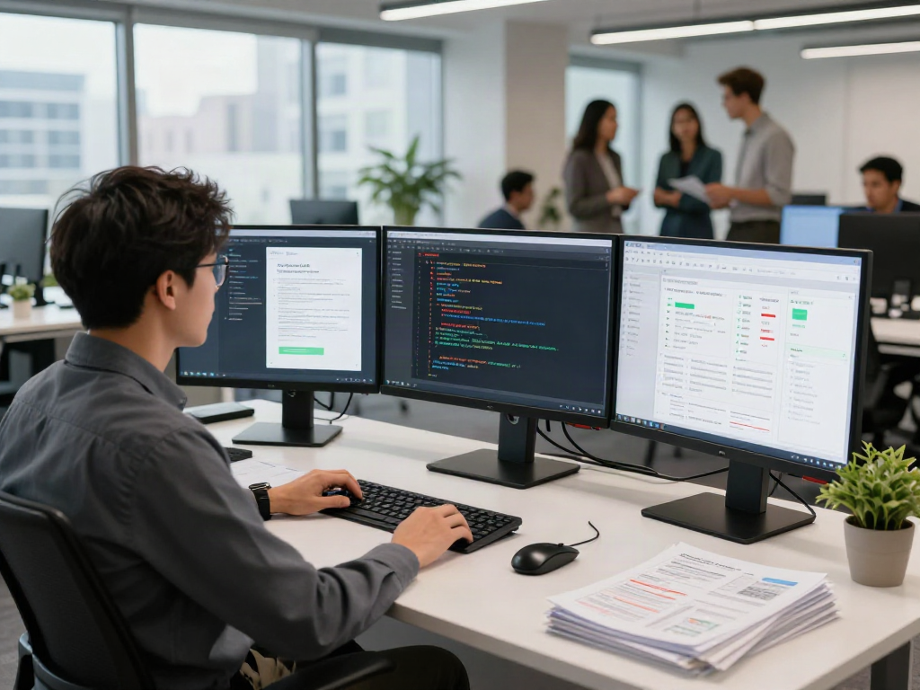document fraud detection software development environment showcasing coding, analytics, and teamwork in a modern workspace.