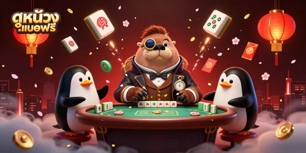 Experience ดูหนังออนไลน์ฟรี with a jolly walrus playing poker in an underwater casino scene.