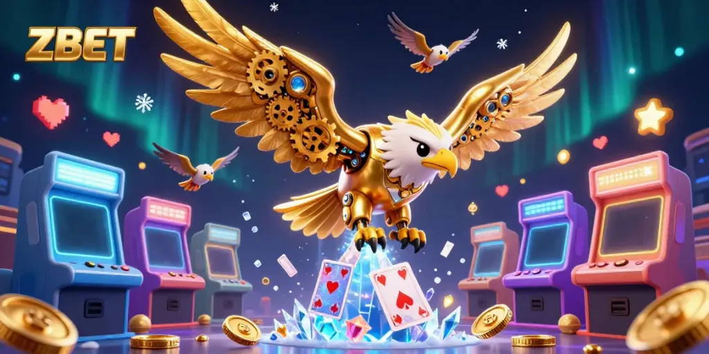 Experience the thrill of ZBET with cybernetic eagle soaring among holographic gaming elements.