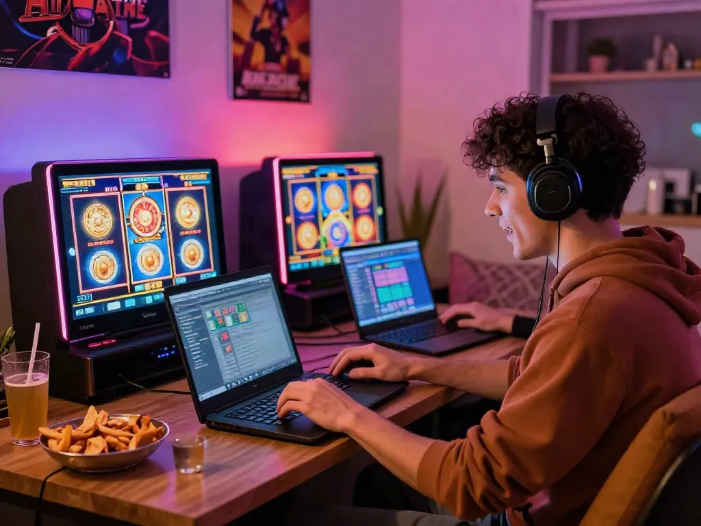 Engaged player immersed in a slot game on a laptop in a cozy living room.