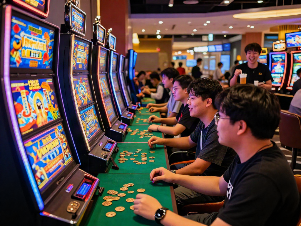 Exciting atmosphere at a vibrant slot jepang gaming event with players engaged and colorful machines.