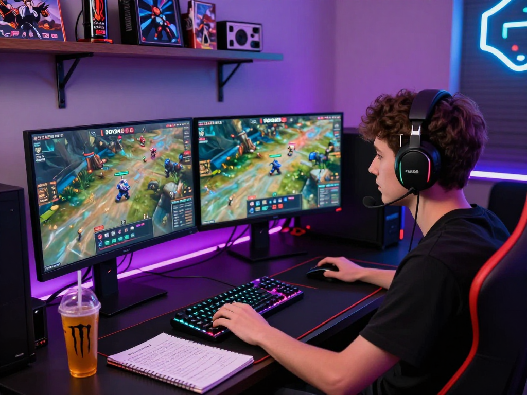 Exciting rokok88 online gaming setup with dual monitors and RGB lighting.