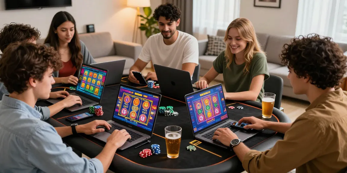 Group of friends enjoying new online casinos at home, showcasing gaming excitement.
