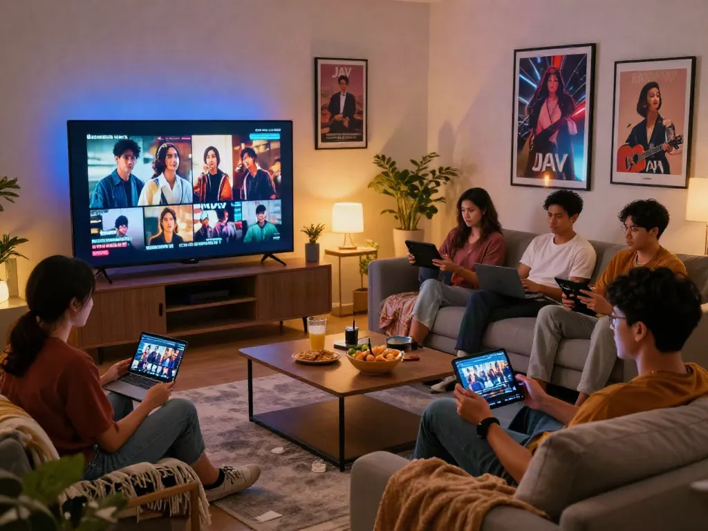 Friends enjoying jav sub indo videos together in a cozy living room.