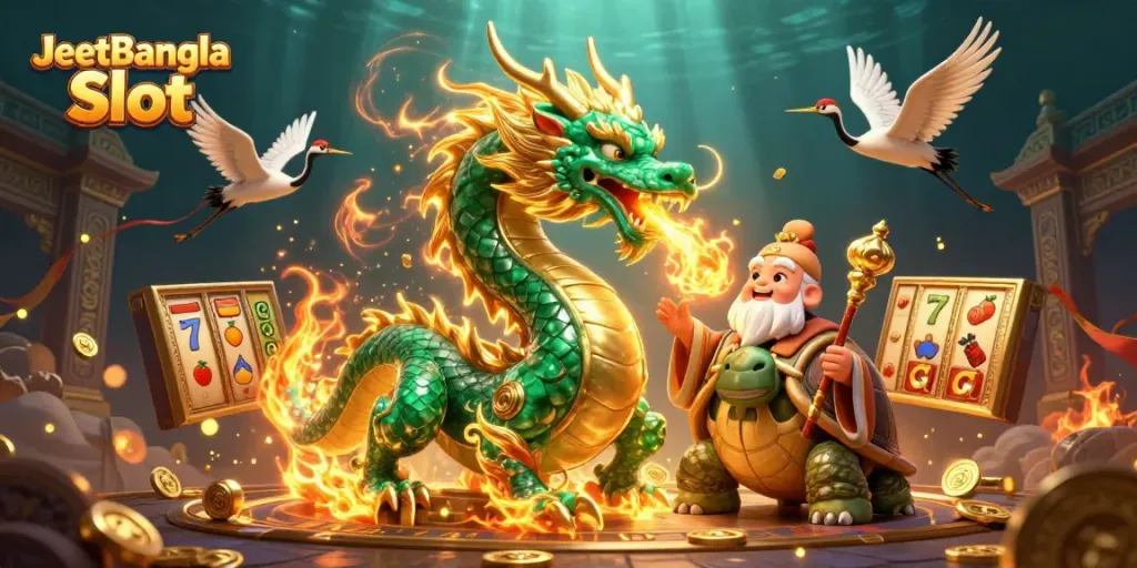 Experience thrilling JeetBangla Slot adventures with the emerald jade dragon and turtle sage in a vibrant casino scene.