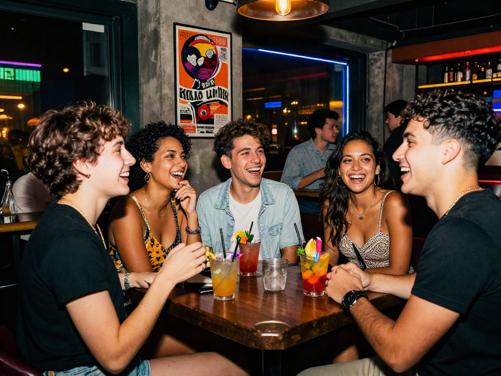 Friends enjoying vibrant nightlife at a bar with nsfw ai themes, neon lights, cocktails, and trendy fashion.