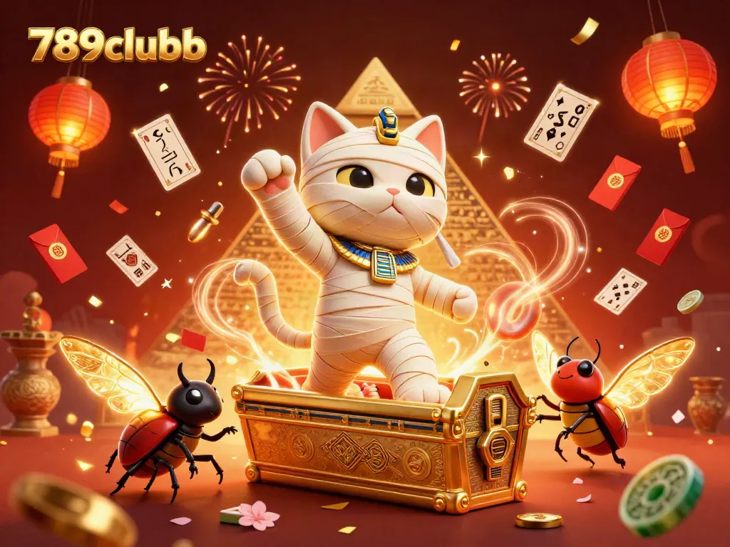 Engage with thrilling games at 789clubb featuring an Egyptian mummy cat and vibrant casino elements.